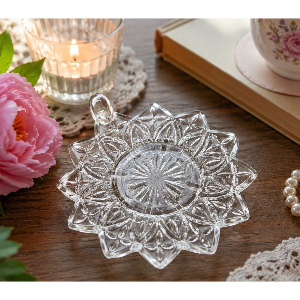 Vintage Clear Pressed Glass Starburst Napper Dish with Finger Loop Handle 4.5"
